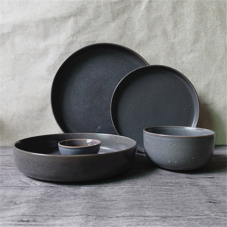 Matt reactive glaze ceramic dinnerware set plates coupe shape bowls ceramic side