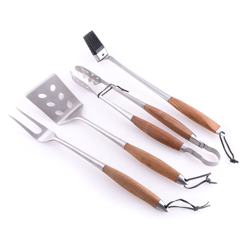 4PC teak wood handle BBQ tool set