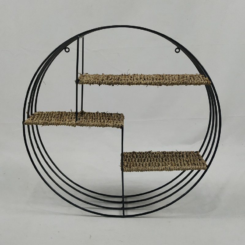Metal wire seagrass round shape hanging wall shelf