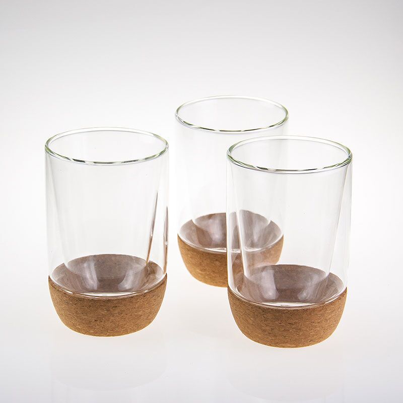 High borosilicate double wall glass tea coffee cup with cork wood base