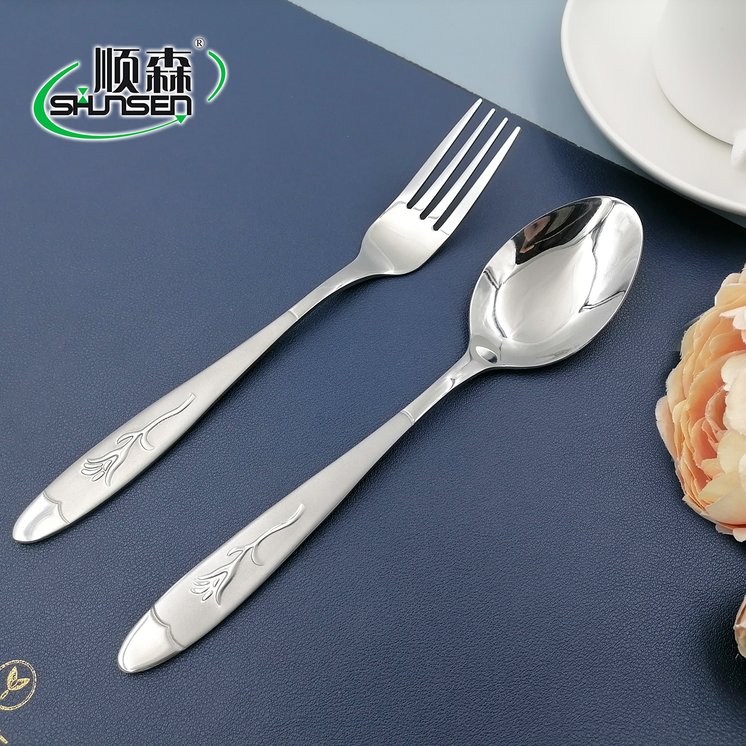 Rose design hand polish and sandblast stainless steel fork and spoon