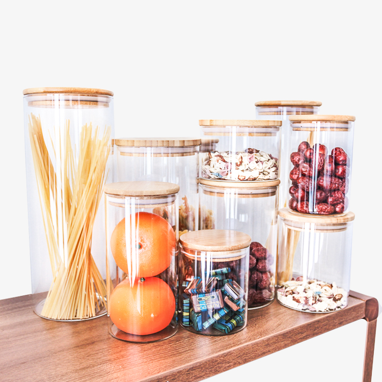 Glass Material Eco-friendly Feature Borosilicate Food Bamboo Glass Storage Jar with Bamboo Press Lid