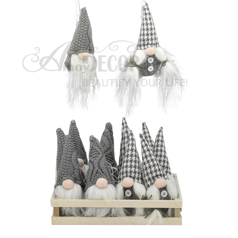 12asst. Fabric Gnome Hanging Ornament In A Wooden Tray(6pcs X 2styles=a Tray)