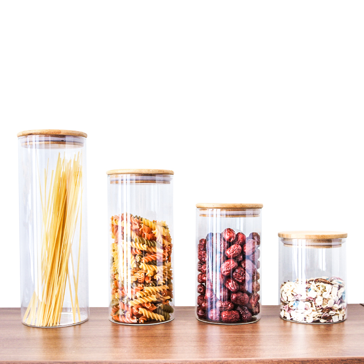 Set 4 Glass Canisters Airtight Bamboo Lid Glass Storage Jars for Kitchen