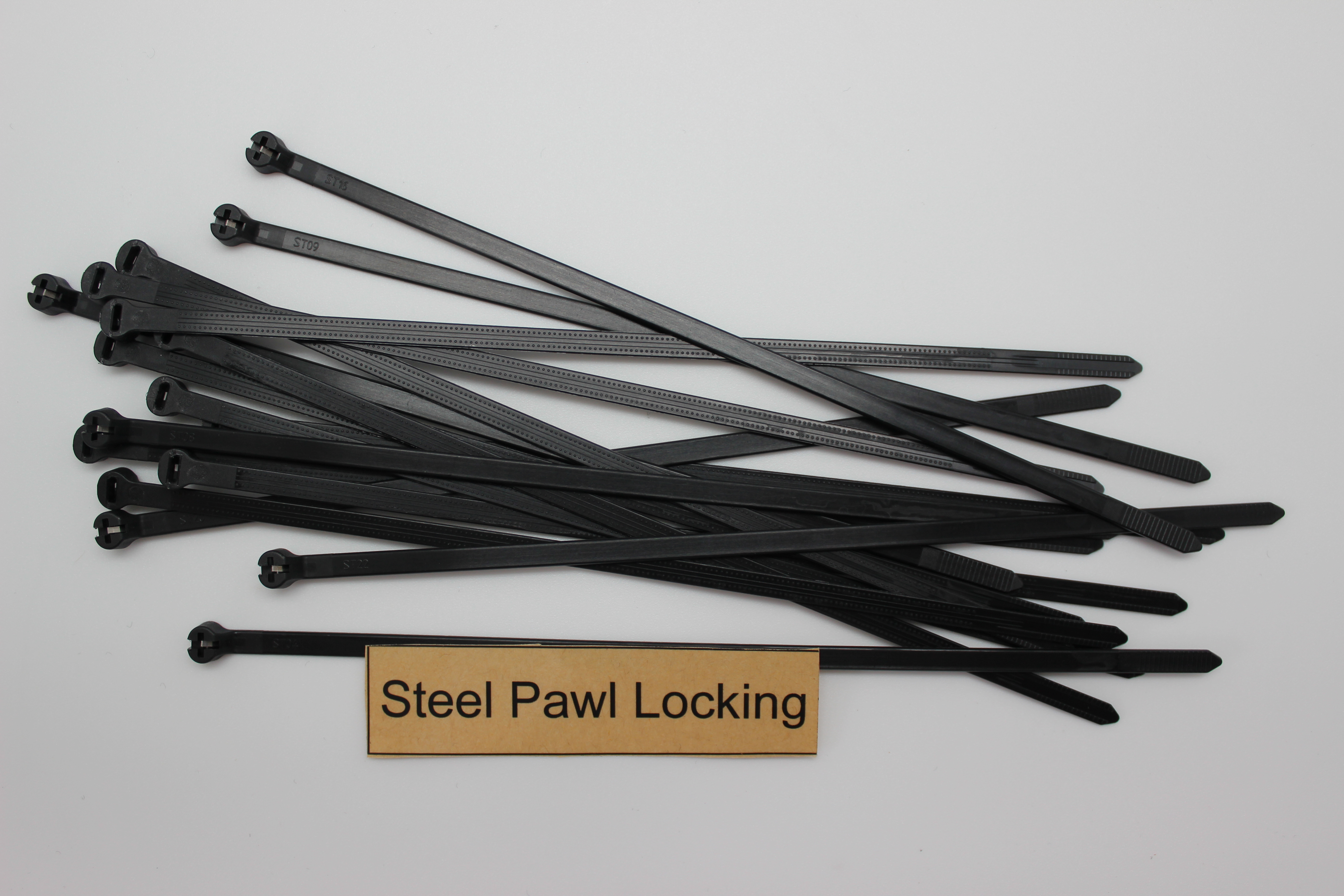Steel pawl locking cable ties