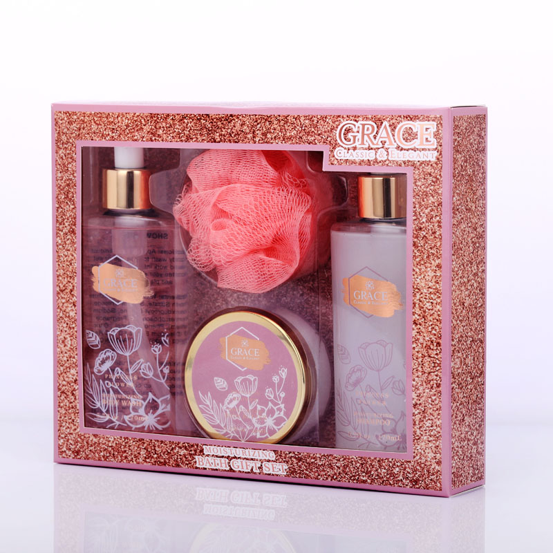 New spring theme body massage body cream shower gel gift set with bath puff