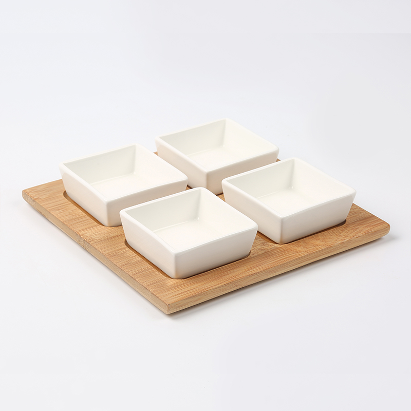Ceramic condiment bowls with bamboo base