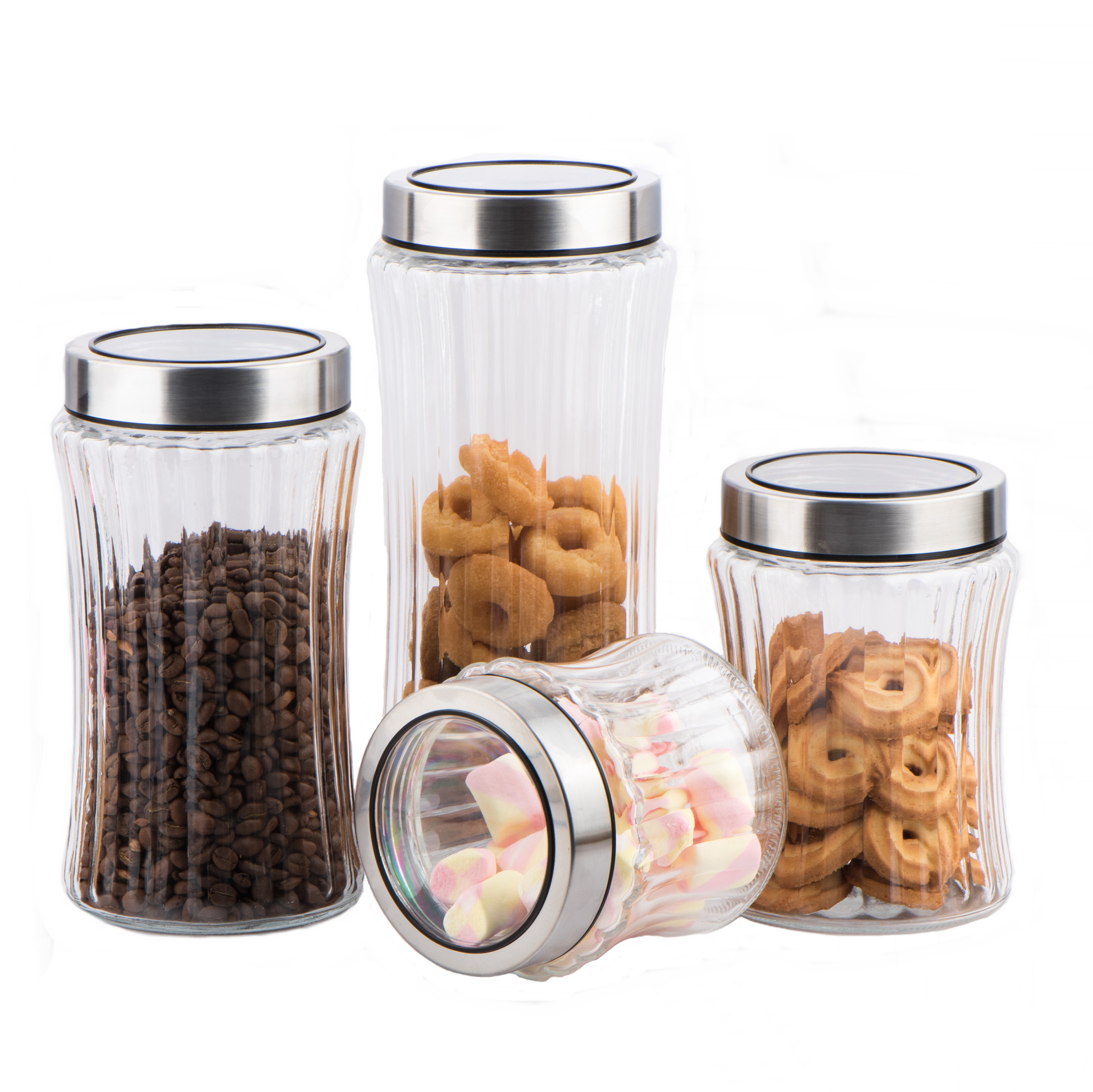 Round glass food jar with screw metal lid with embossed design