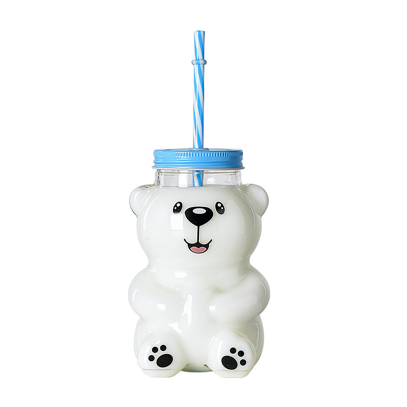 High temperature resistant high borosilicate bear shaped double glasscup with straw