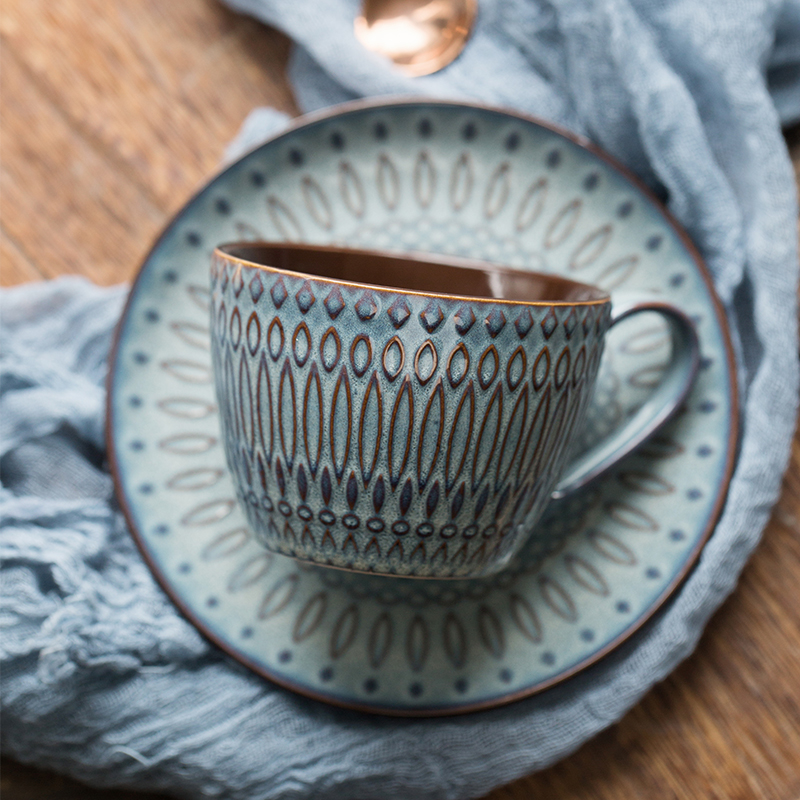 customized stoneware emboss reactive glaze coffee cup and saucer tea cup sets