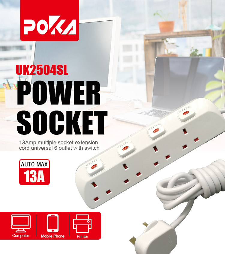 4 way 13A individual button switch UK type extension socket