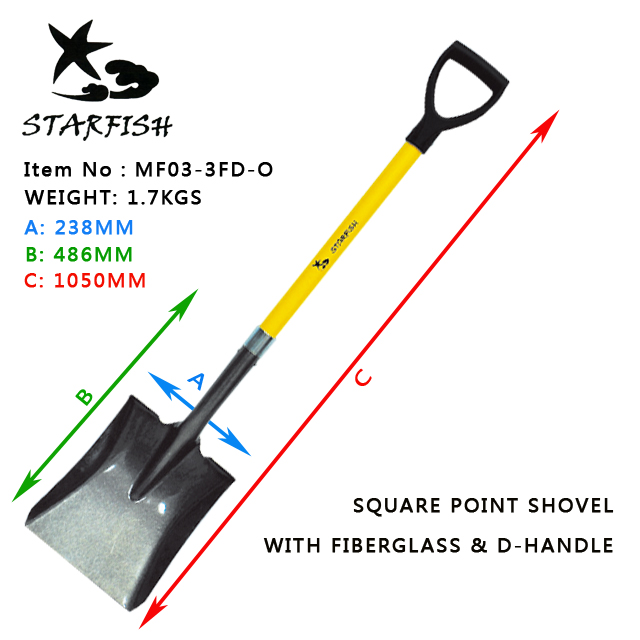 Square shovel with fiberglass D handle