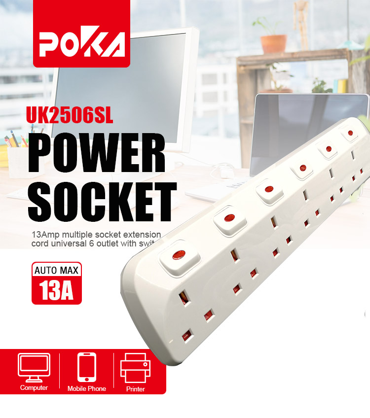 6 way UK type extension socket 3250W