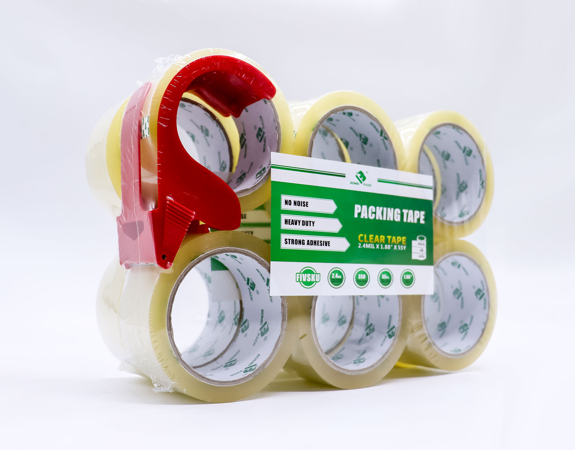 No Noise Silent Clear BOPP Packing Tape with a Free Dispenser,2.4mil x1.88" x 55 Yards，Extra Quiet Packing Tape，Heavy Duty Packaging Tape for Moving, Shipping, Office and Storage, BOMEI PACK