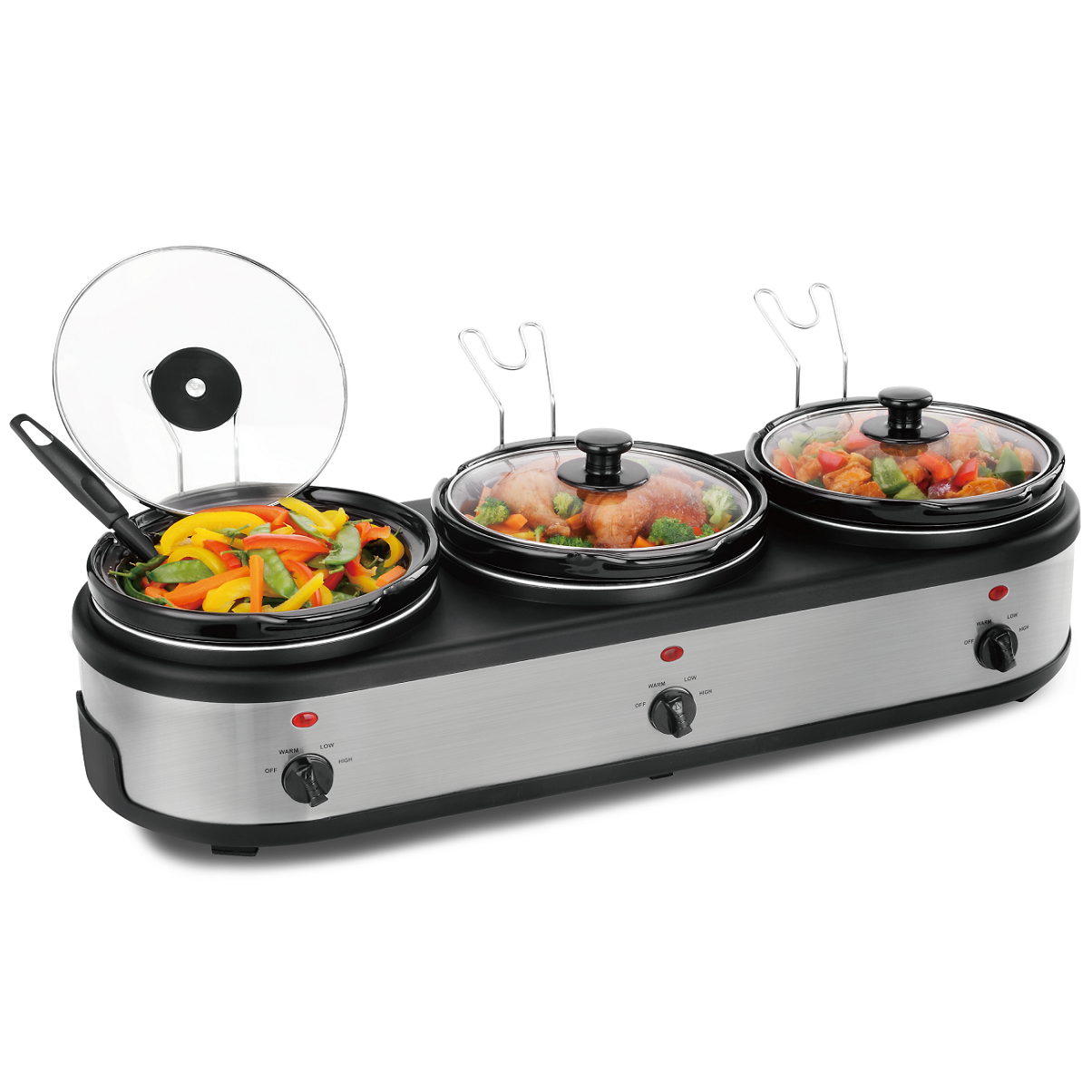 3x2.5L Silver 3-Station Crock Pot Triple Slow Cooker and Buffet Server with Lid Rests