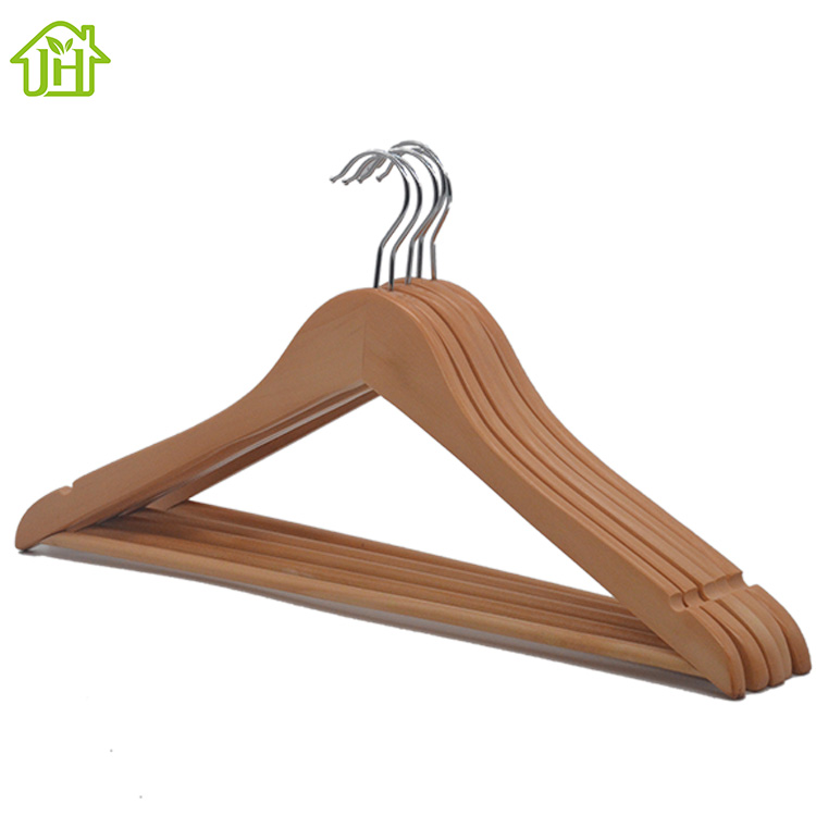 Wooden clothes hanger with notches and bar