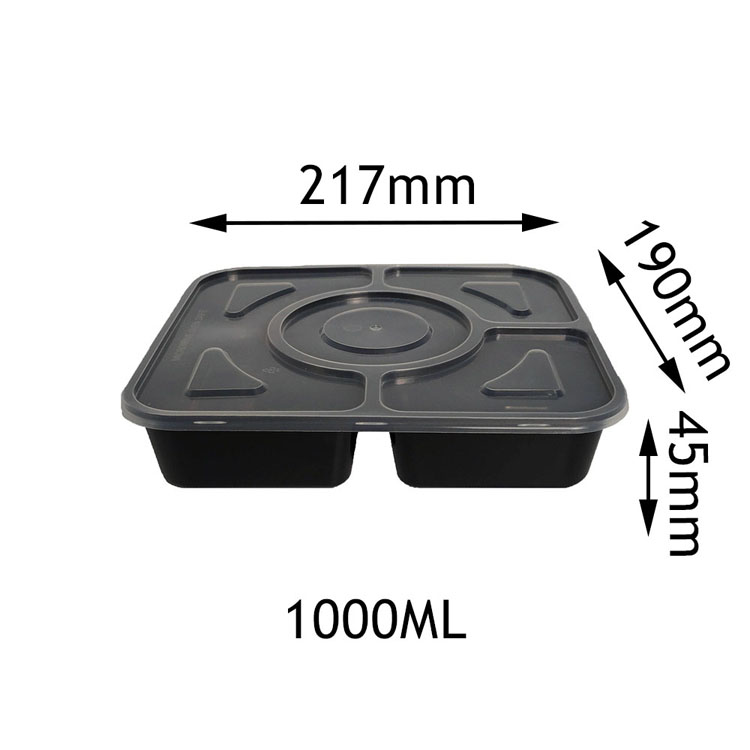 China Canton Fair Yiqiang 375 Disposable Plastic Takeaway Microwavable Black 4 Compartment Bento Lunch Food Container Box Manufacturer