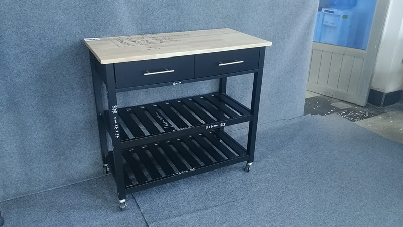 Black Moveable Kitchen Trolleay with locked wheel and solid wood table top