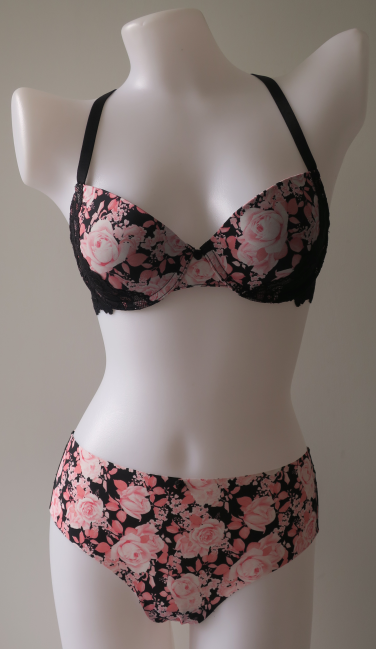 Mould cup bra with printing microfiber & lace/ brief with printing microfiber & lace