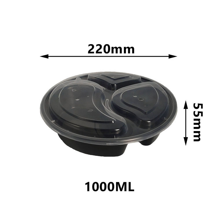 China Canton Fair Yiqiang 838 Disposable Plastic Takeaway Microwavable Black 3 Compartment Round Bento Lunch Food Container Box Manufacturer