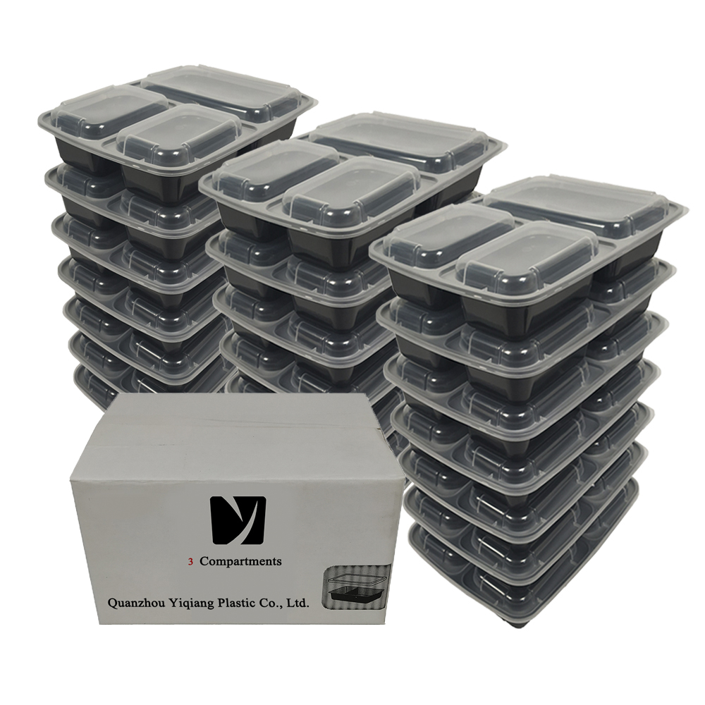 China Canton Fair Yiqiang A6888 Disposable Plastic Takeaway Microwavable Black 3 Compartment Bento Lunch Box/ Meal Prep Containers Factory