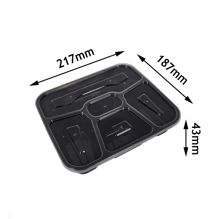China Canton Fair Yiqiang 1536 Disposable Plastic Takeaway Microwavable Black 5 Compartment Bento Lunch Food Container Box Factory