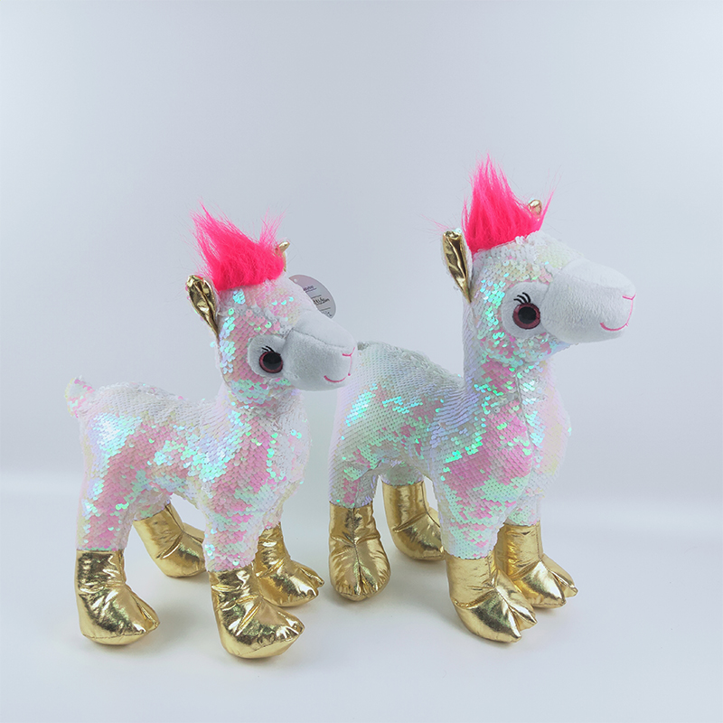 Plush standing llama toy soft stuffed shinny llama plush reversible sequins llama
