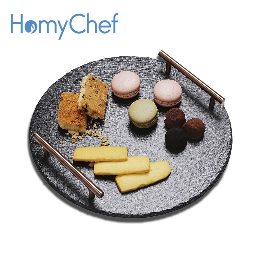 Diameter 300mm, thickness 4-7mm Natural black slate round serving tray with stainless steel handle