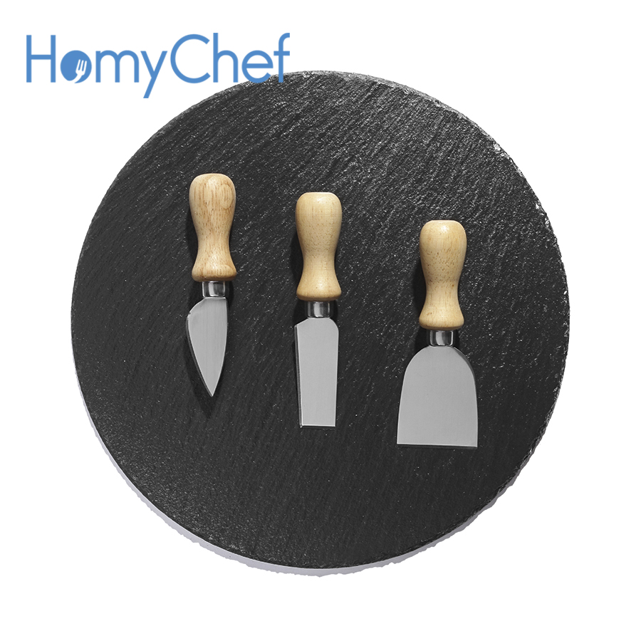 Diameter 300mm, thickness 4-7mm Natural black slate round plate with cheese knives