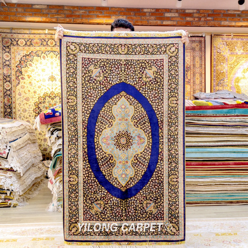 Yilong 3'x5' Hand Knotted Persian Blue Carpet Iran Antique Medallion Silk Rug