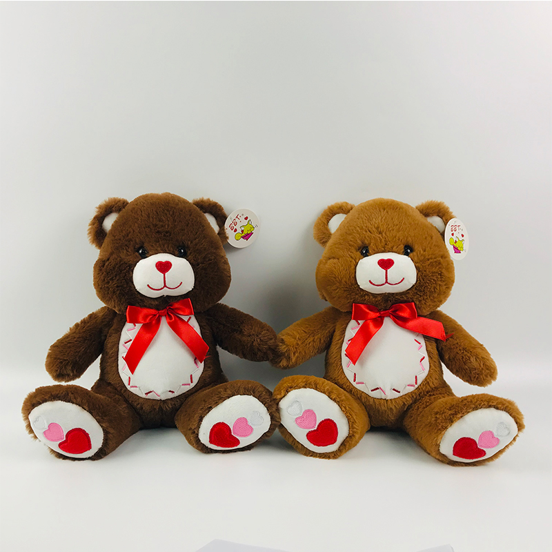 Plush Valentine bear with heart embroidery soft stuffed red ribbon bear