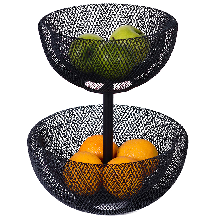 Black Color Round Shape 2 Tier Steel Mesh Fruit Basket