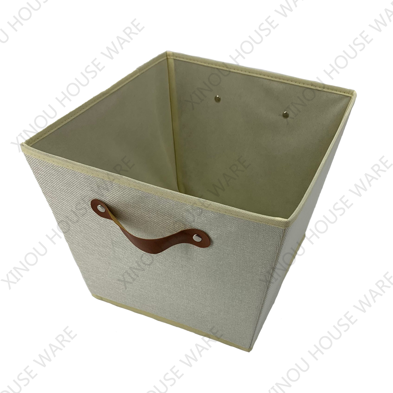 Linen fabric home storage bin with PU handle