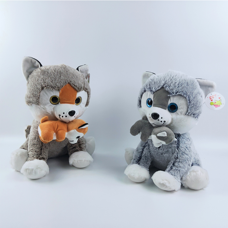 Plush sitting husky toy mother and baby with big shinny eyes