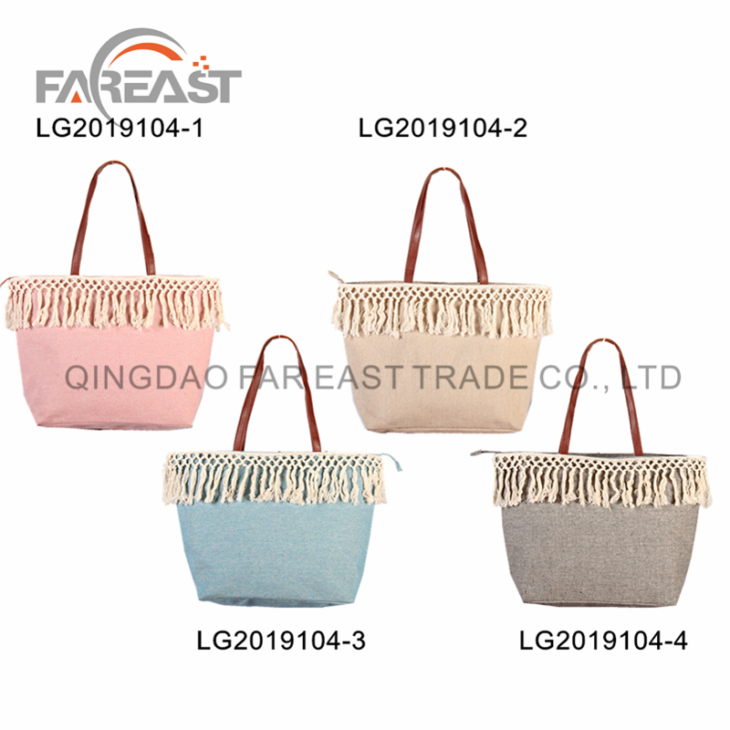 Stylish hot - selling large - capacity cotton, linen, canvas tote bag beach bag with tasseled