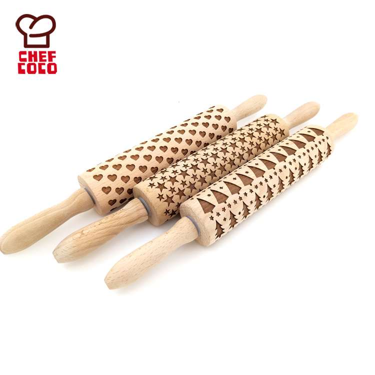 OEM design wooden embossing roller client design embosser rolling pin OEM cookie embosse roller
