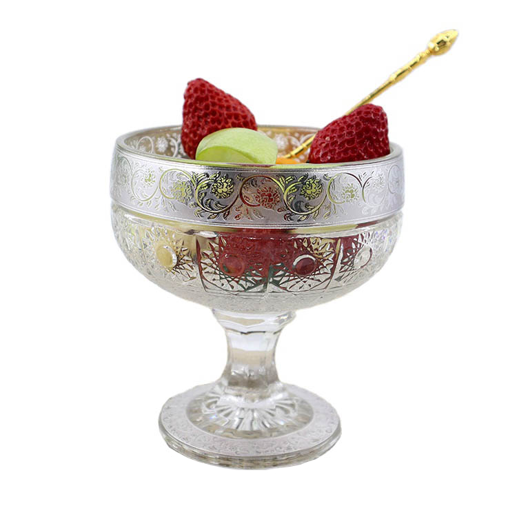 370ml Luxury Middle East Style Gold decal Glass Fruit Bowl With Stand ice cream bowl glass bowl