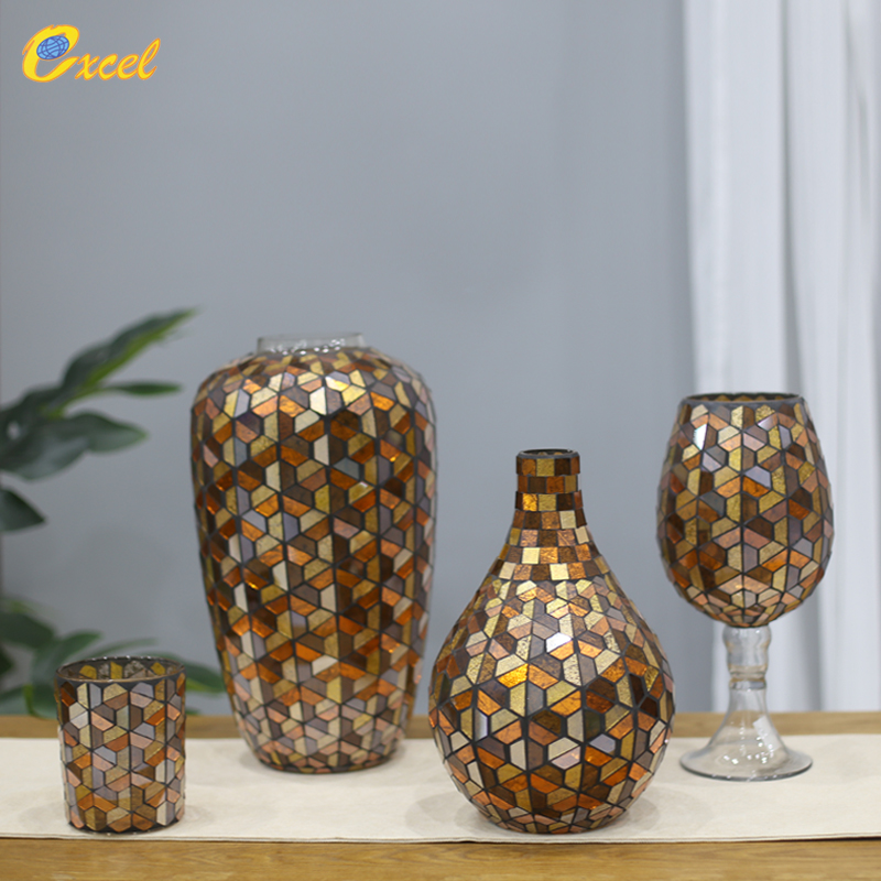 Glass mosaic vase and hurricane