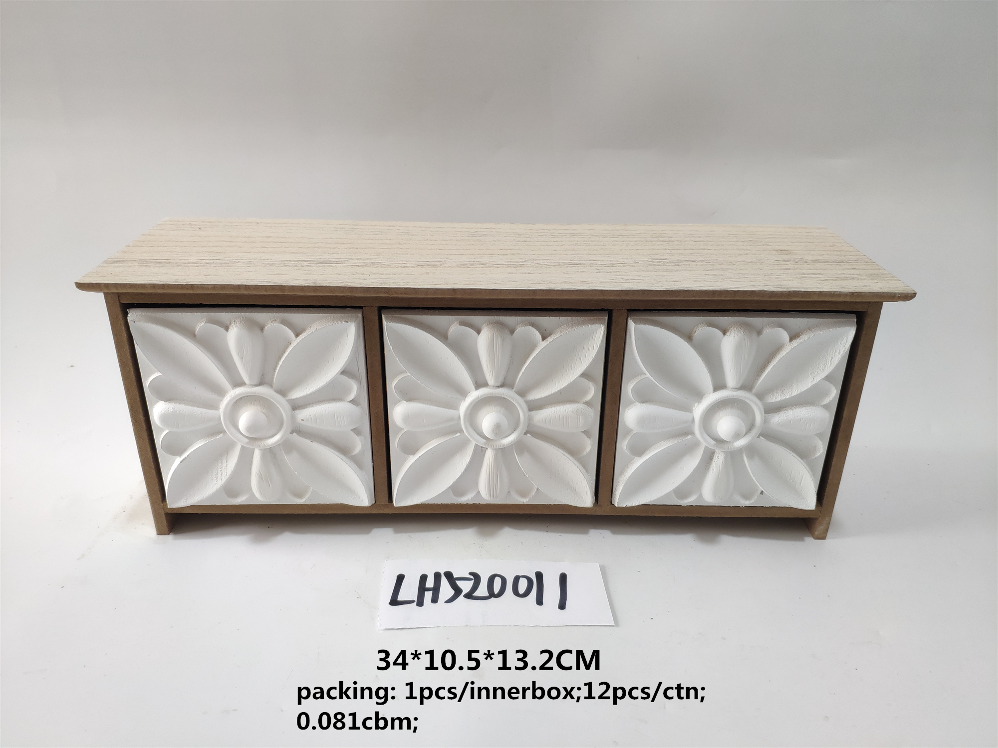 European style horizontal three grid antique drawer box with embossed pattern