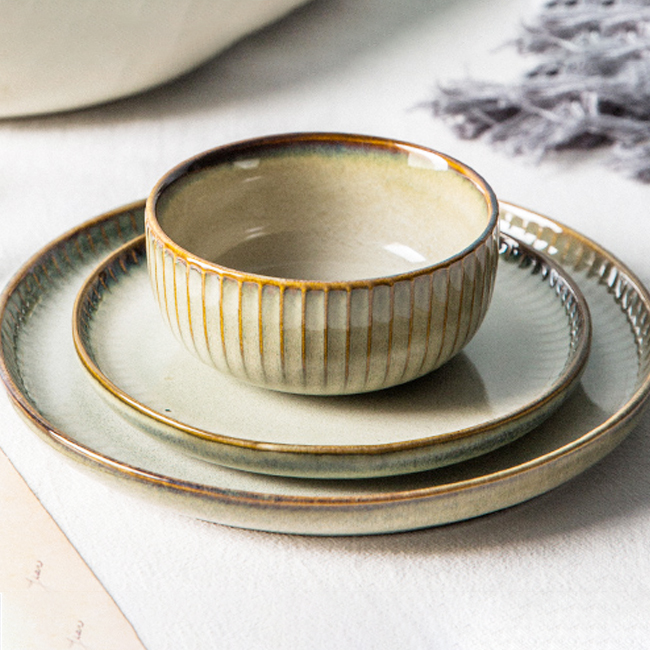 Light Luxury Nordic Retro Reactive Glazed Ceramic Dinner Bowls Plates Set