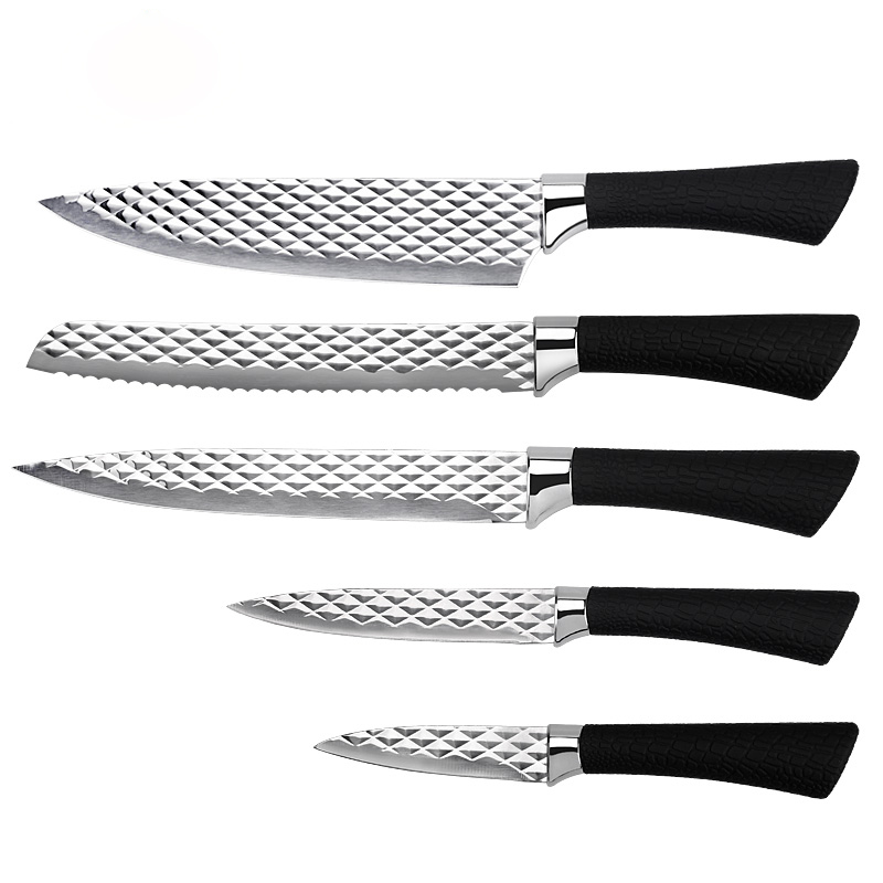 New Kitchen Design Silver Steel Blade with Stylish 3D Diamond Pattern Knife Set