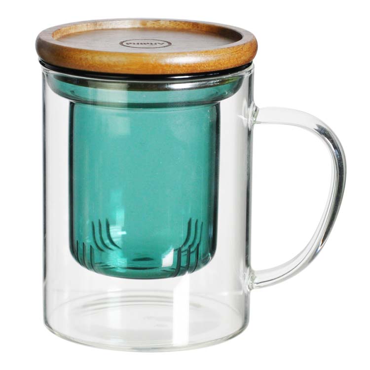 Borosilicate glass UNI-tea mug with acacia wooden lid and green color glass infuser