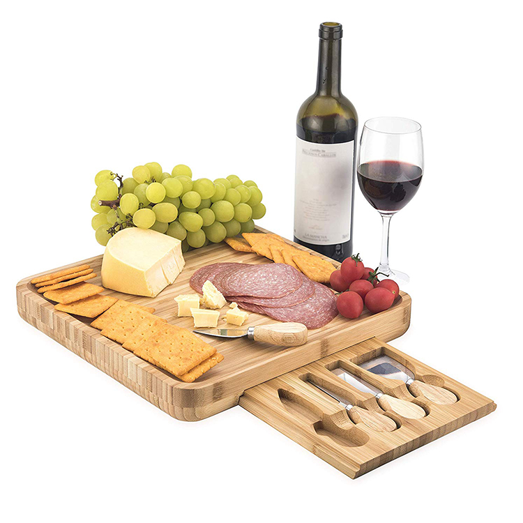 Bamboo Cheese Board knife setCheese Plate Charcuterie Platter With 4 Stainless Steel Cutting Knives