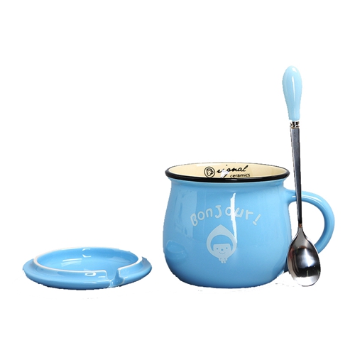Blue ceramic cup with spoon and cover