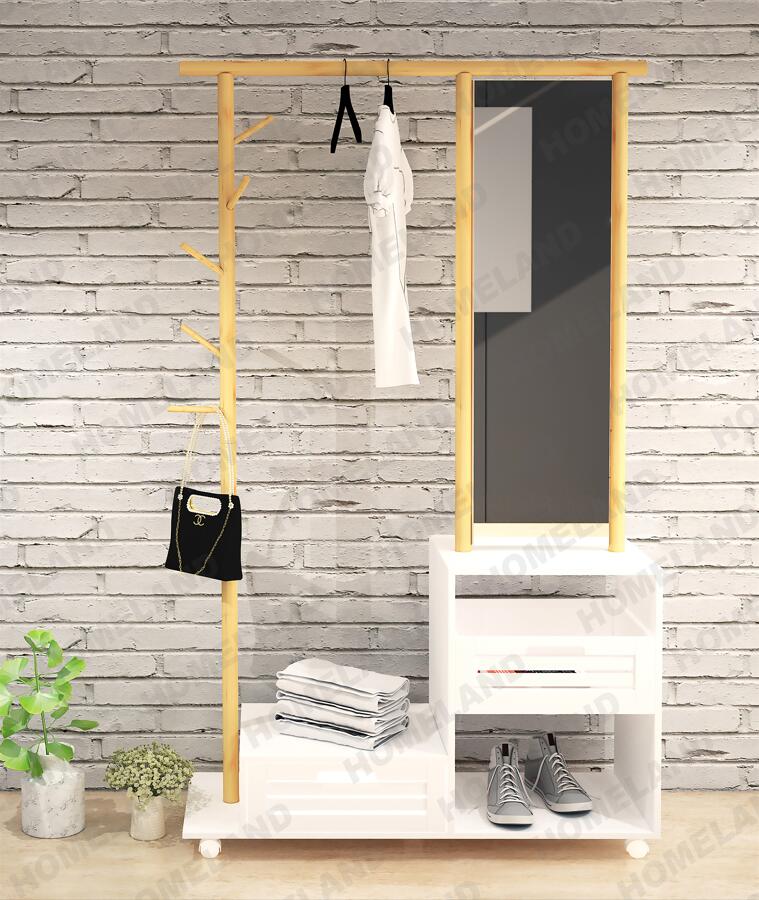 Wood coat and hat stand with mirror