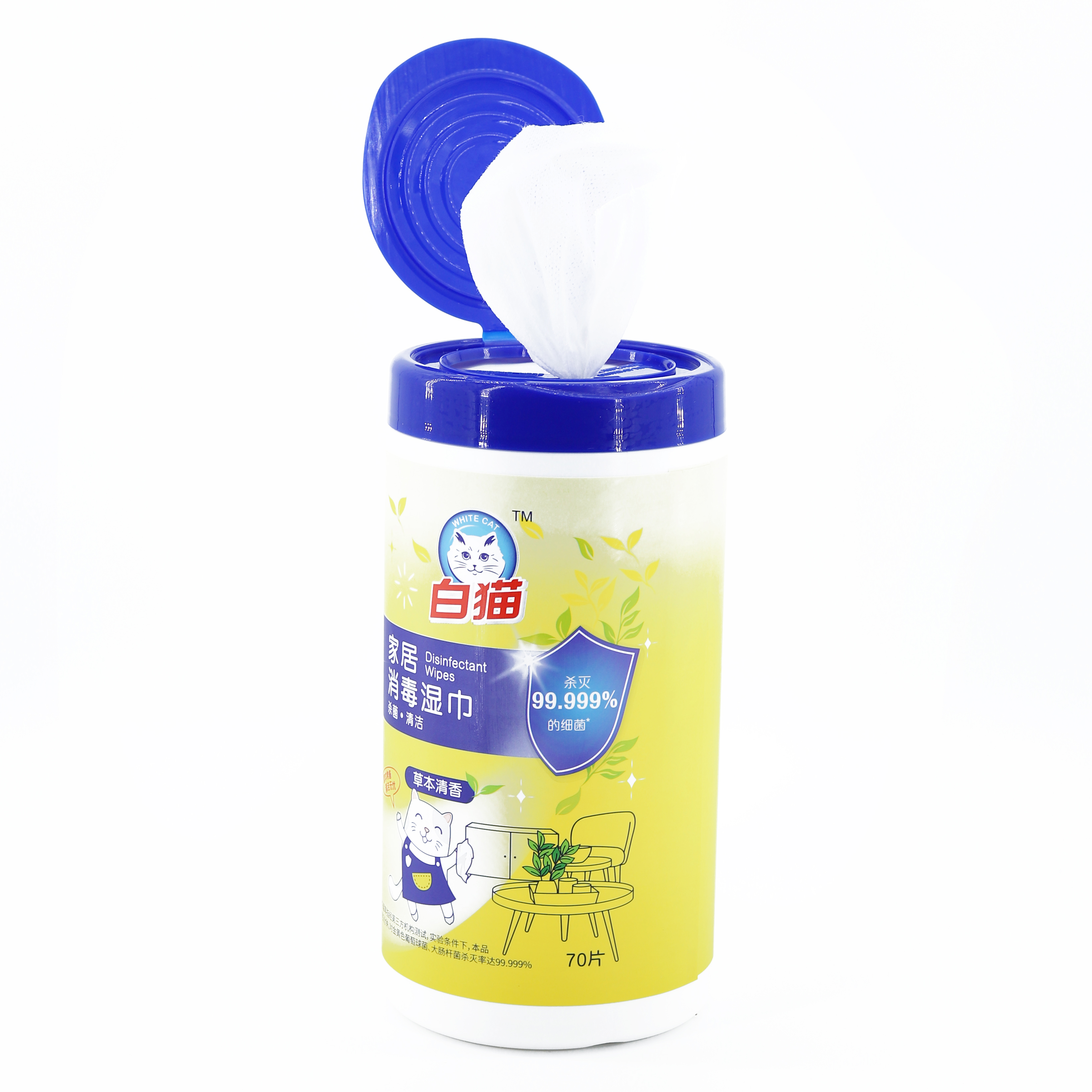 White cat in bucket home hygiene disinfectant wipes