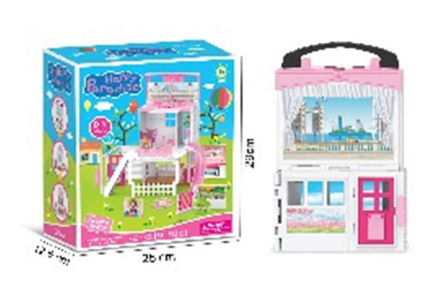 Villa play house set(with boy,girl,swing,wooden horse,bed,beach chair accessories)