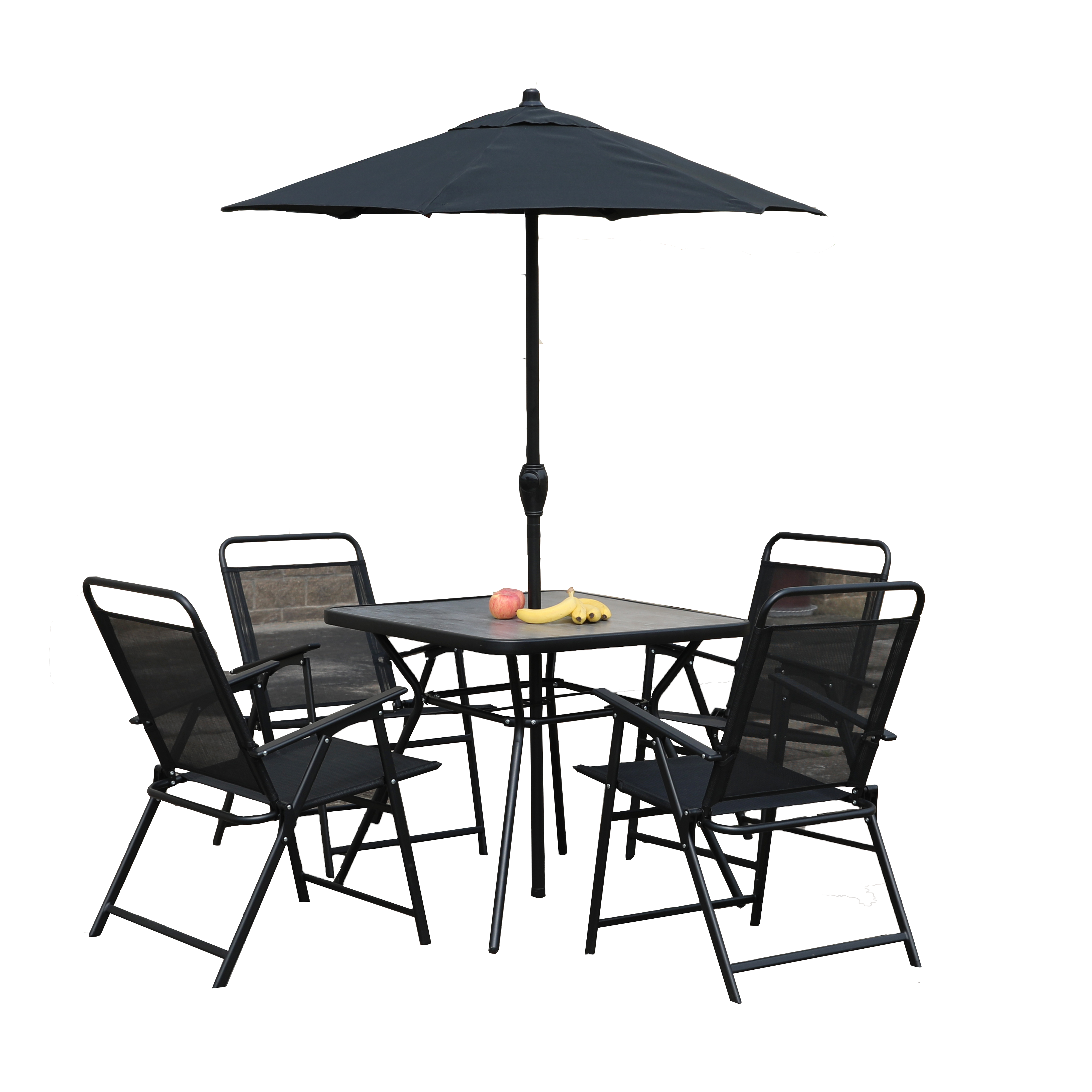 Patio 4 Seater Set w/ Parasol,Black Patio Garden Set with Umbrella Table and Set of 4 Folding Chairs