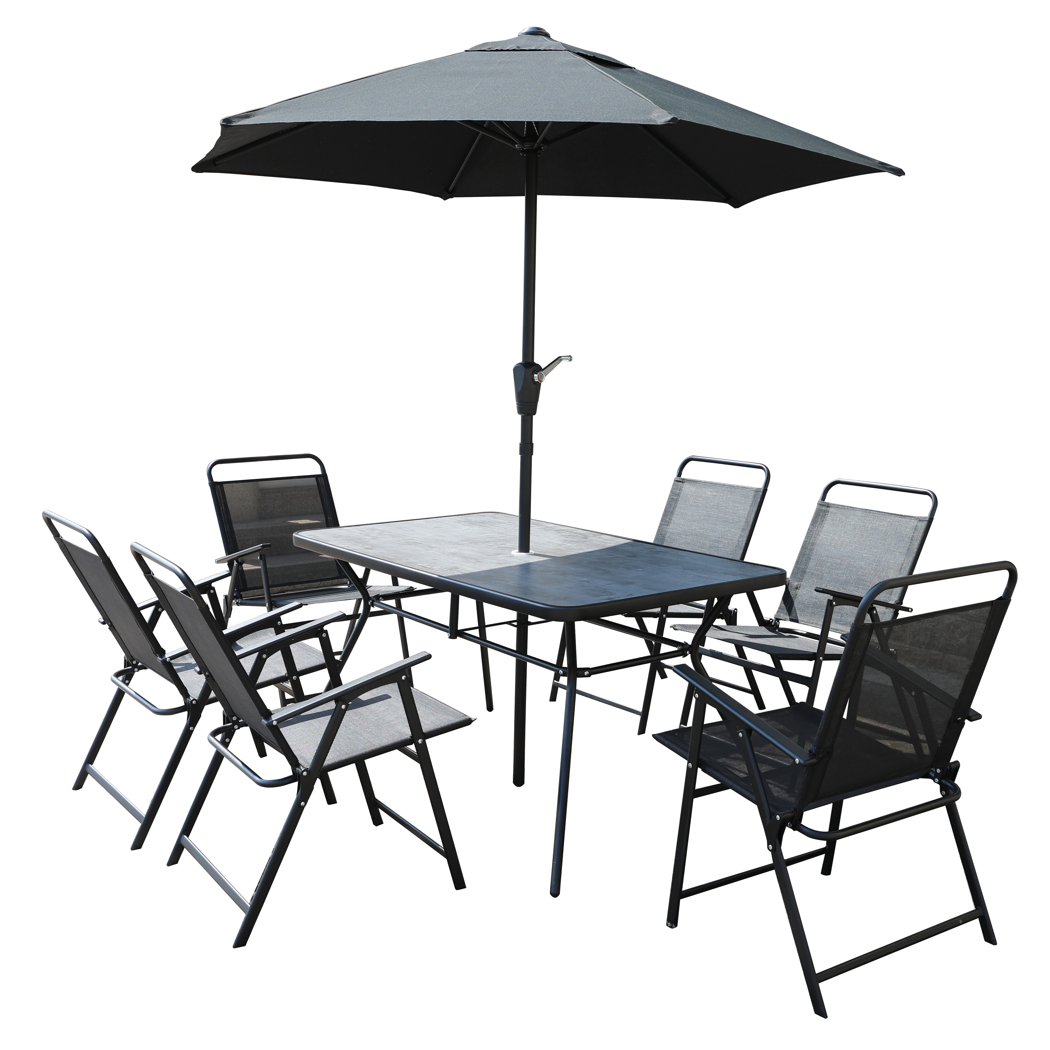 Black Patio Garden Set with Umbrella Table and Set of 6 Folding Chairs