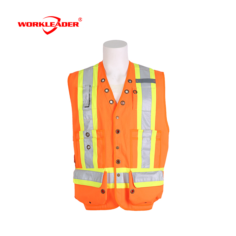 High visibility orange working vest with reflective tape